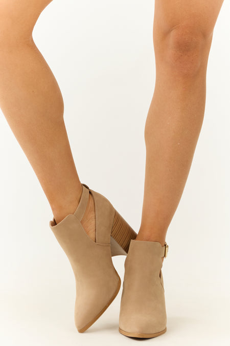 Camel Pointed Toe Block Heel Ankle Buckle Booties