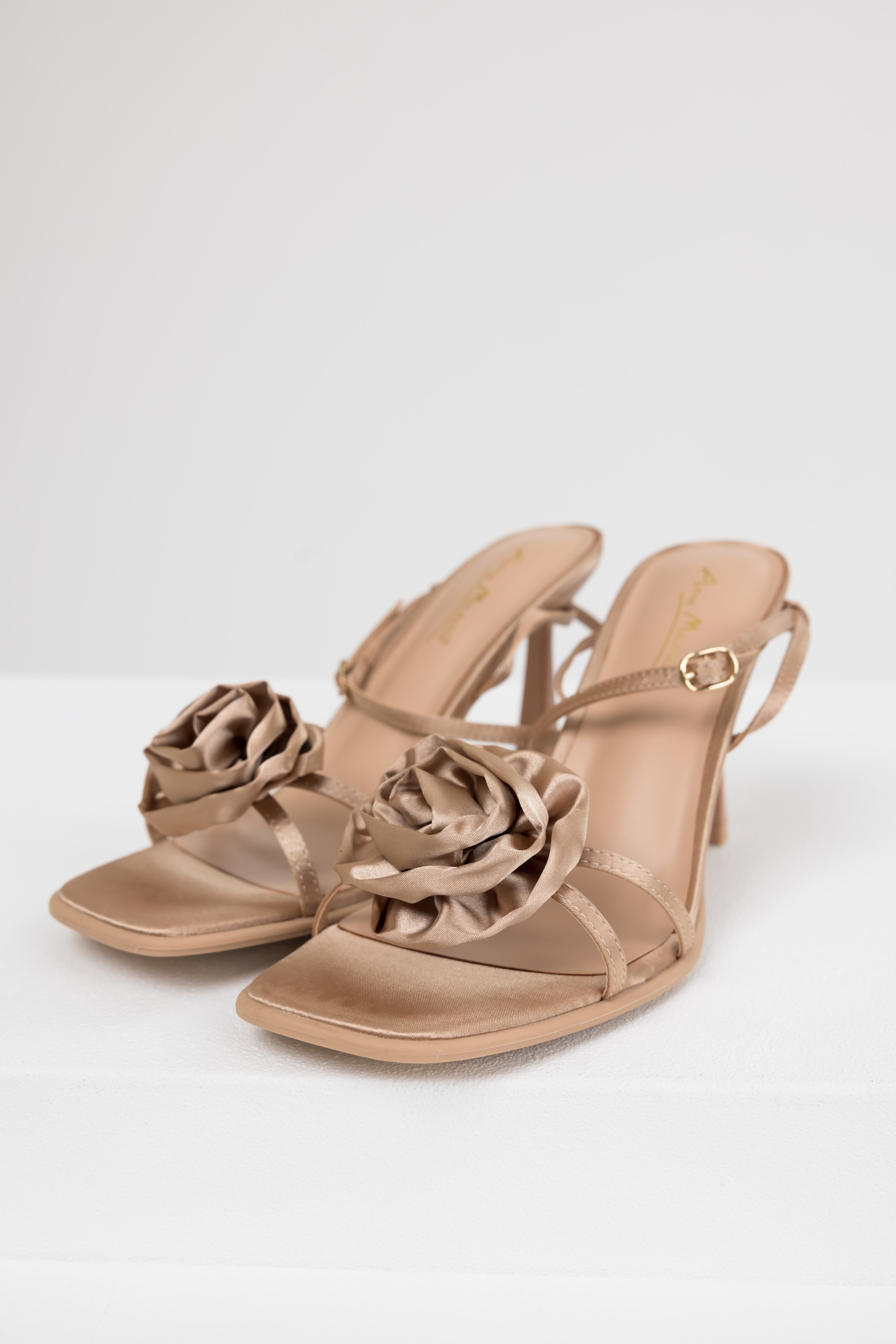 Camel Satin Flower Strap Dress Heels