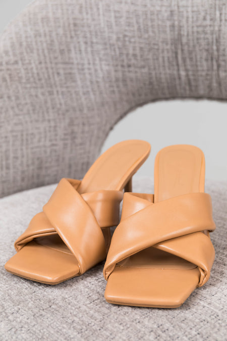 Camel Square Toe Cross Strap Heels