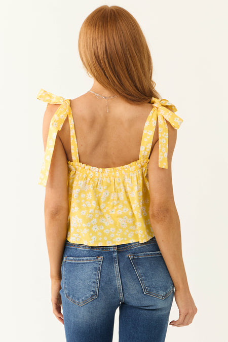 Canary Yellow Ditsy Floral Shoulder Tie Top