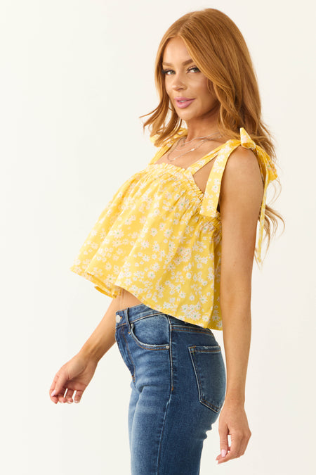 Canary Yellow Ditsy Floral Shoulder Tie Top