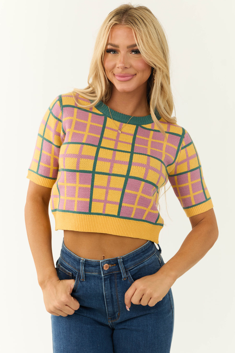 Canary Yellow Square Print Knit Sweater Top