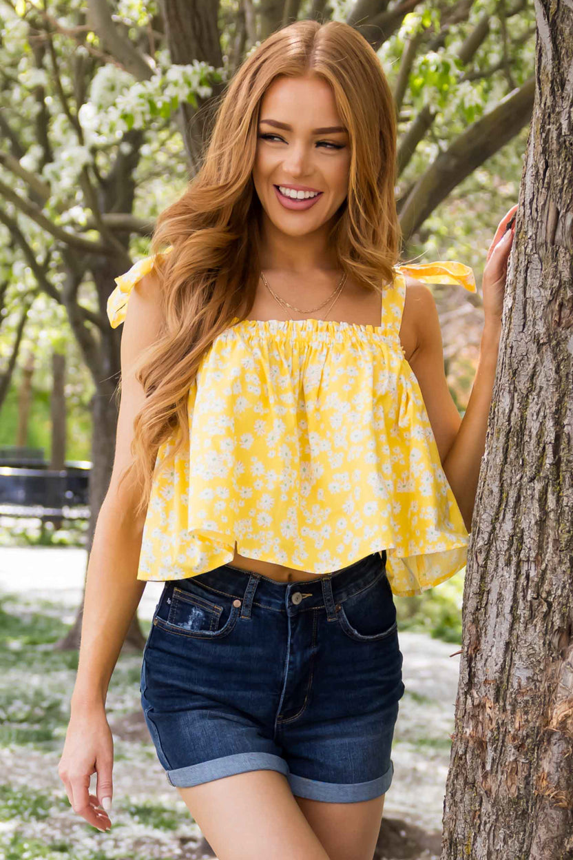 Canary Yellow Ditsy Floral Shoulder Tie Top