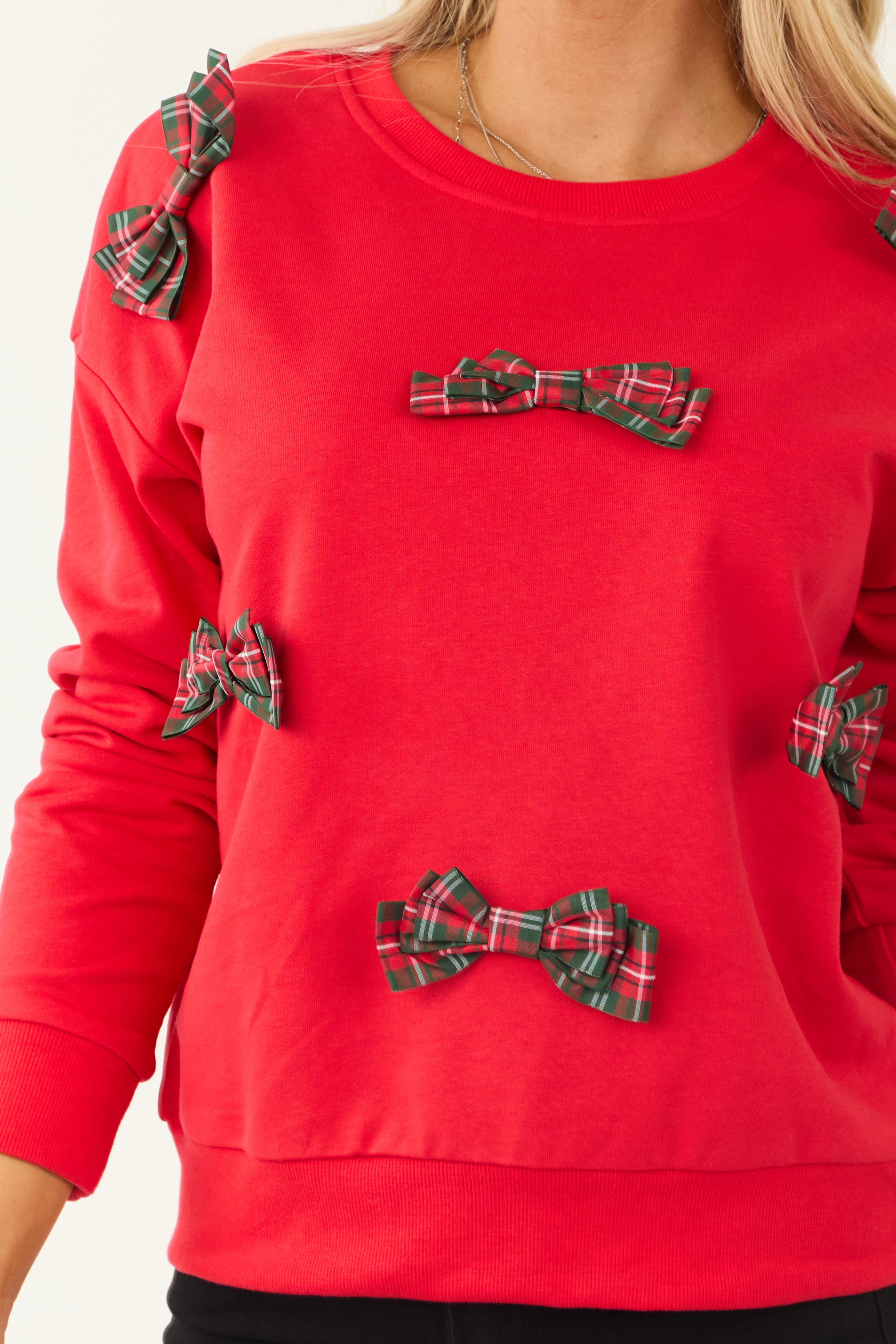 Candy Apple Plaid Bow Long Sleeve Sweatshirt