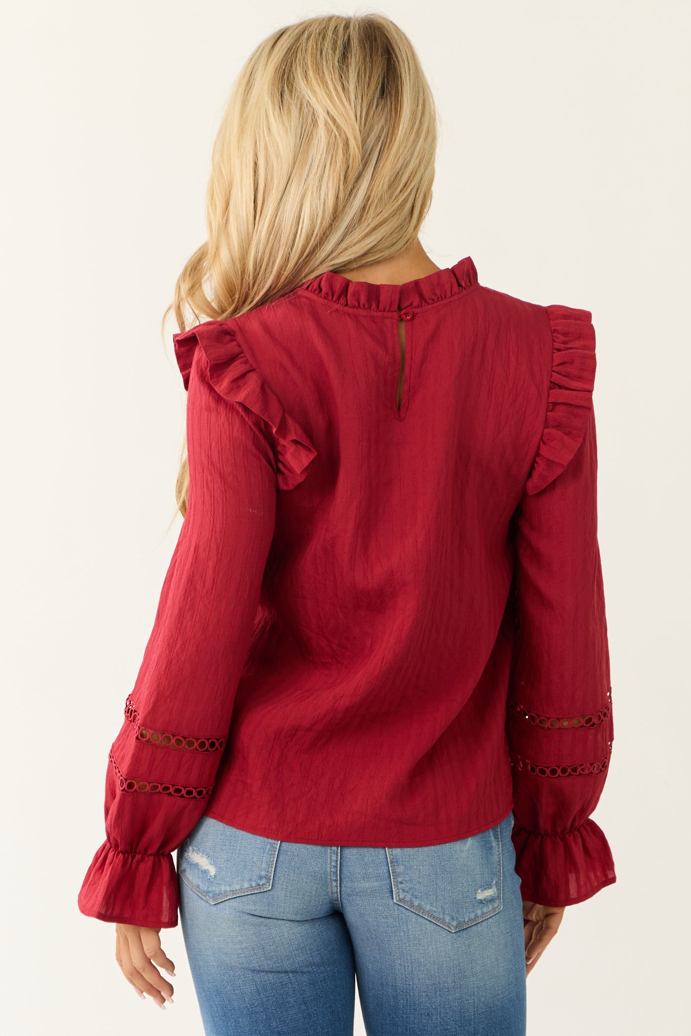 Candy Apple Red Frill Neck Long Sleeve Blouse