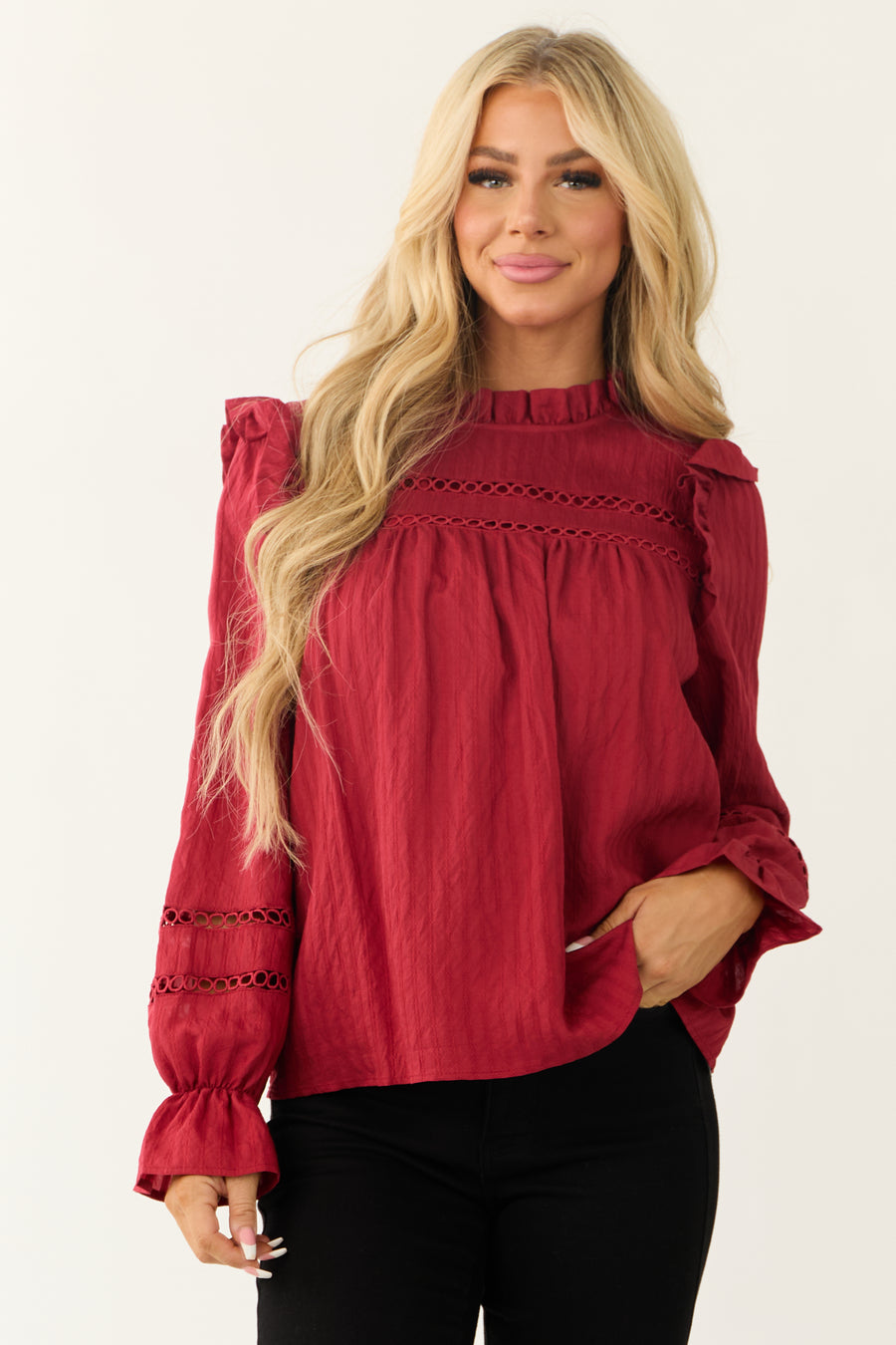 Candy Apple Red Frill Neck Long Sleeve Blouse