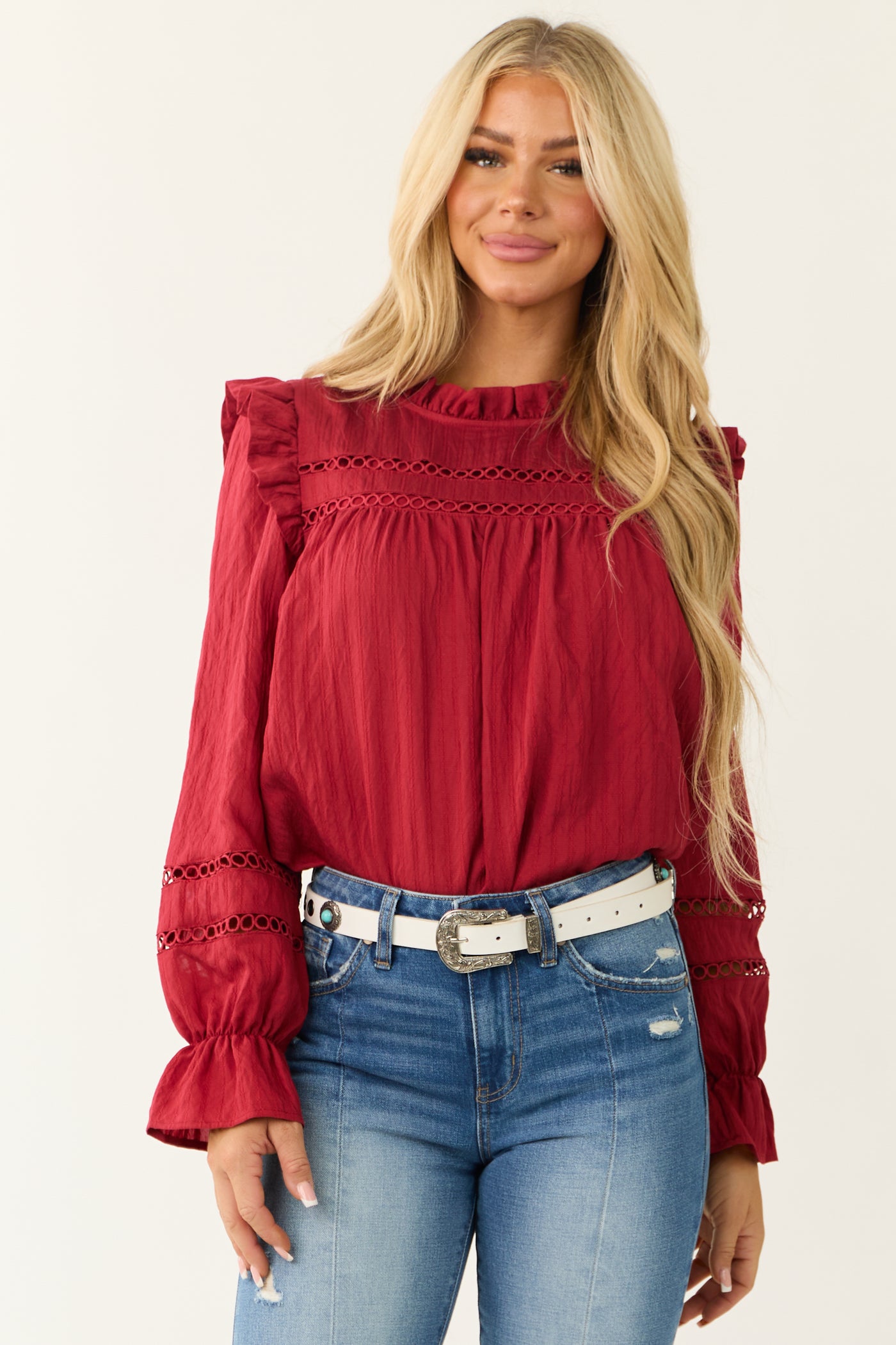 Candy Apple Red Frill Neck Long Sleeve Blouse