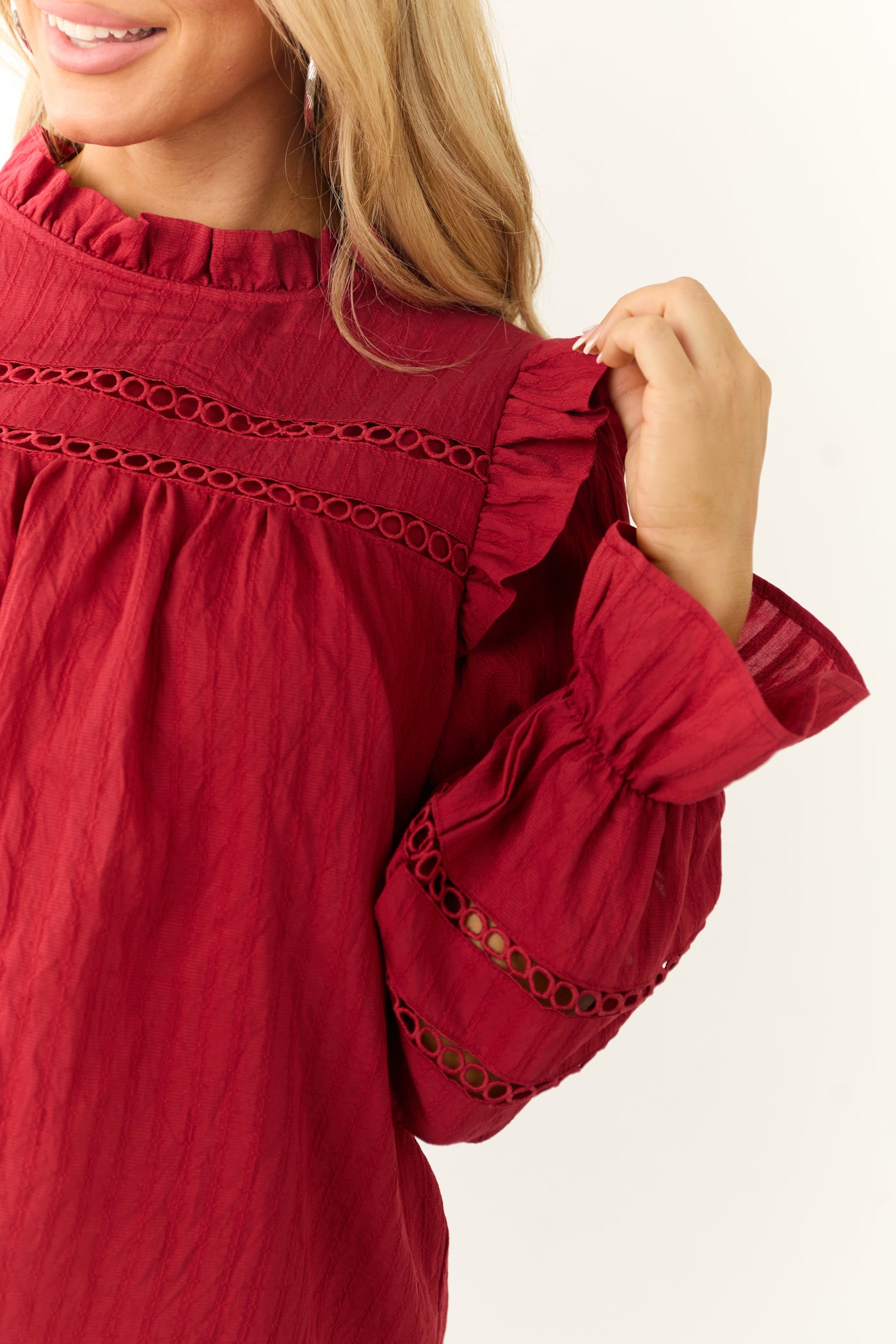 Candy Apple Red Frill Neck Long Sleeve Blouse