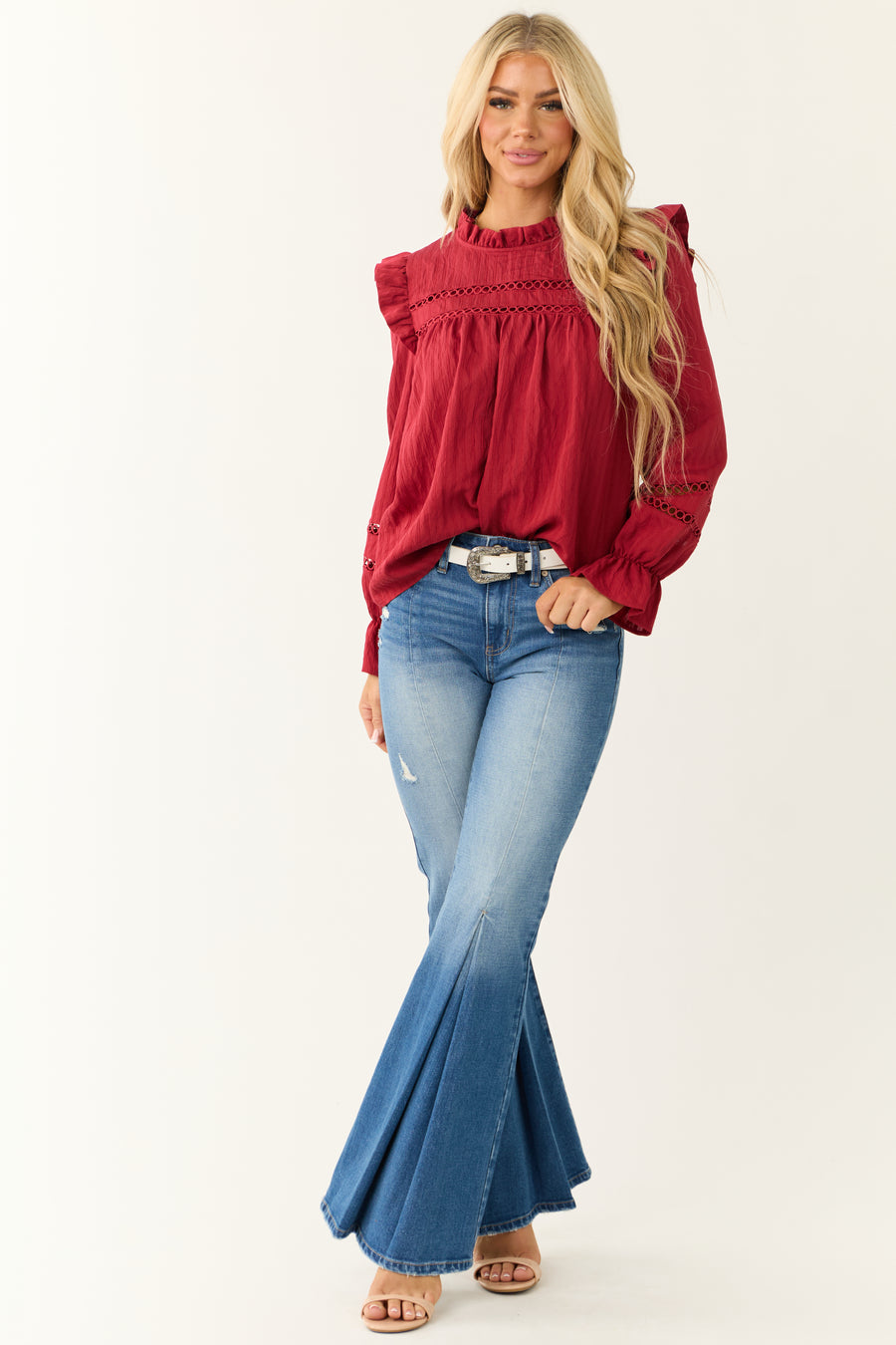 Candy Apple Red Frill Neck Long Sleeve Blouse