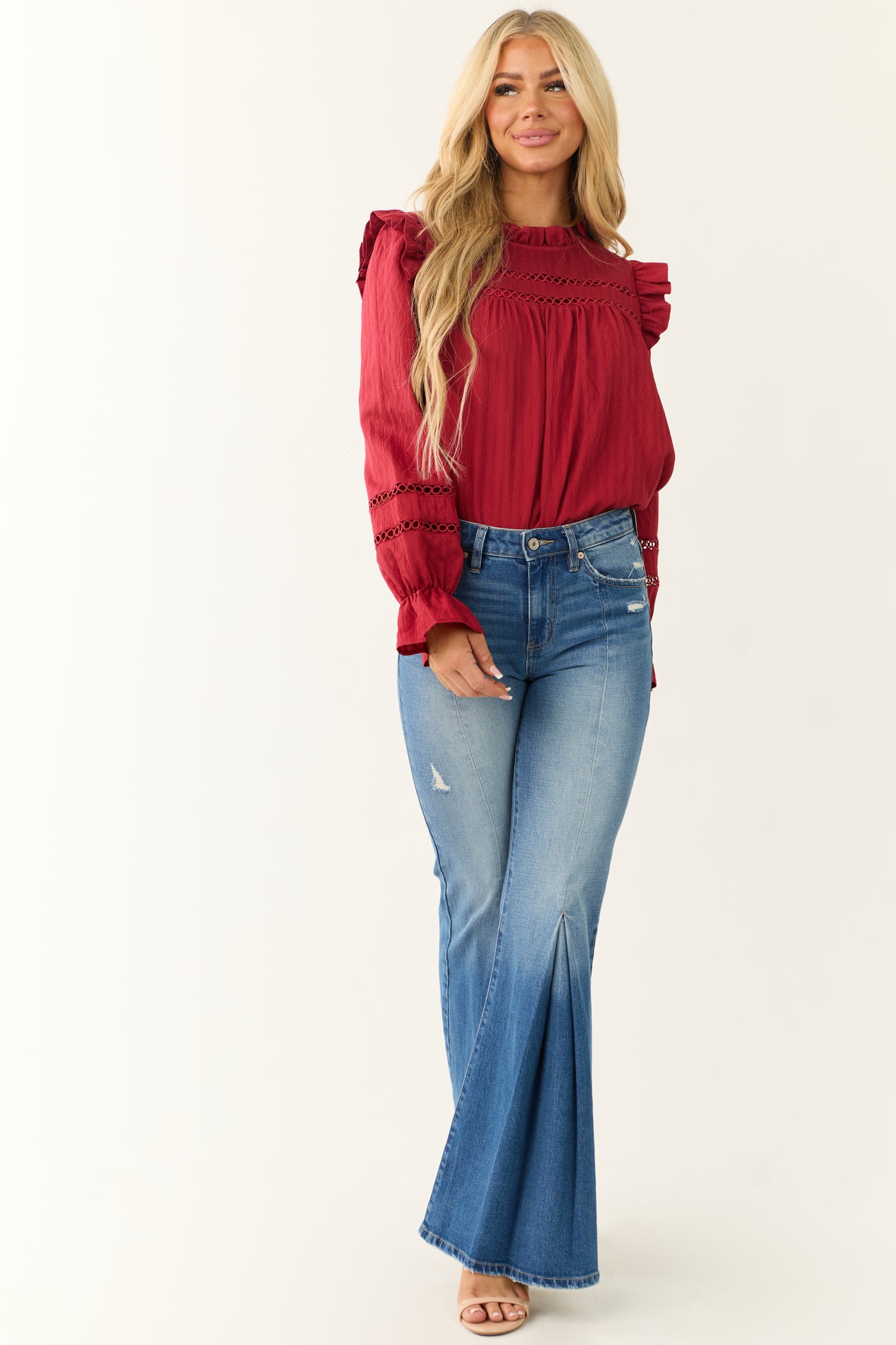 Candy Apple Red Frill Neck Long Sleeve Blouse