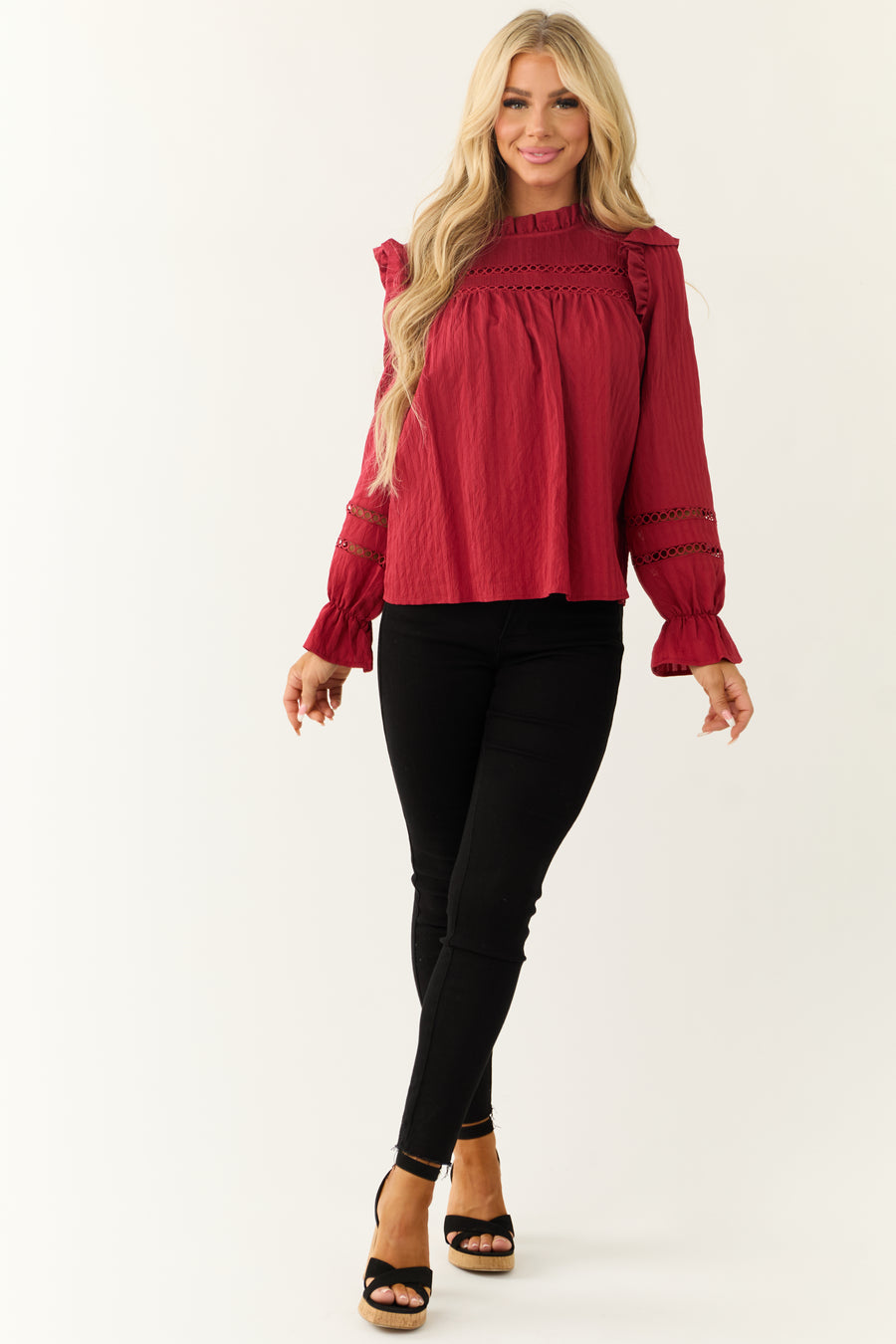 Candy Apple Red Frill Neck Long Sleeve Blouse