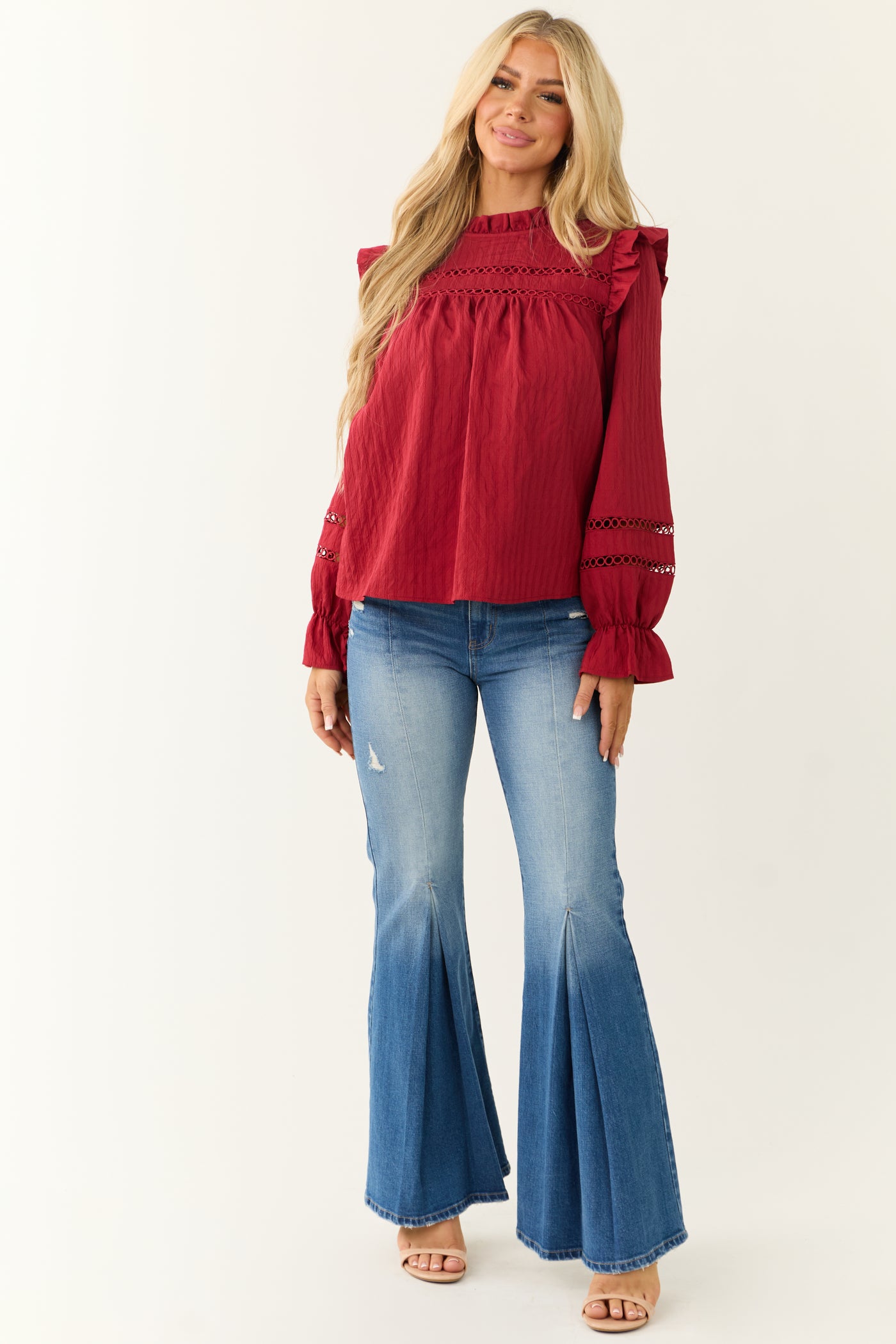 Candy Apple Red Frill Neck Long Sleeve Blouse