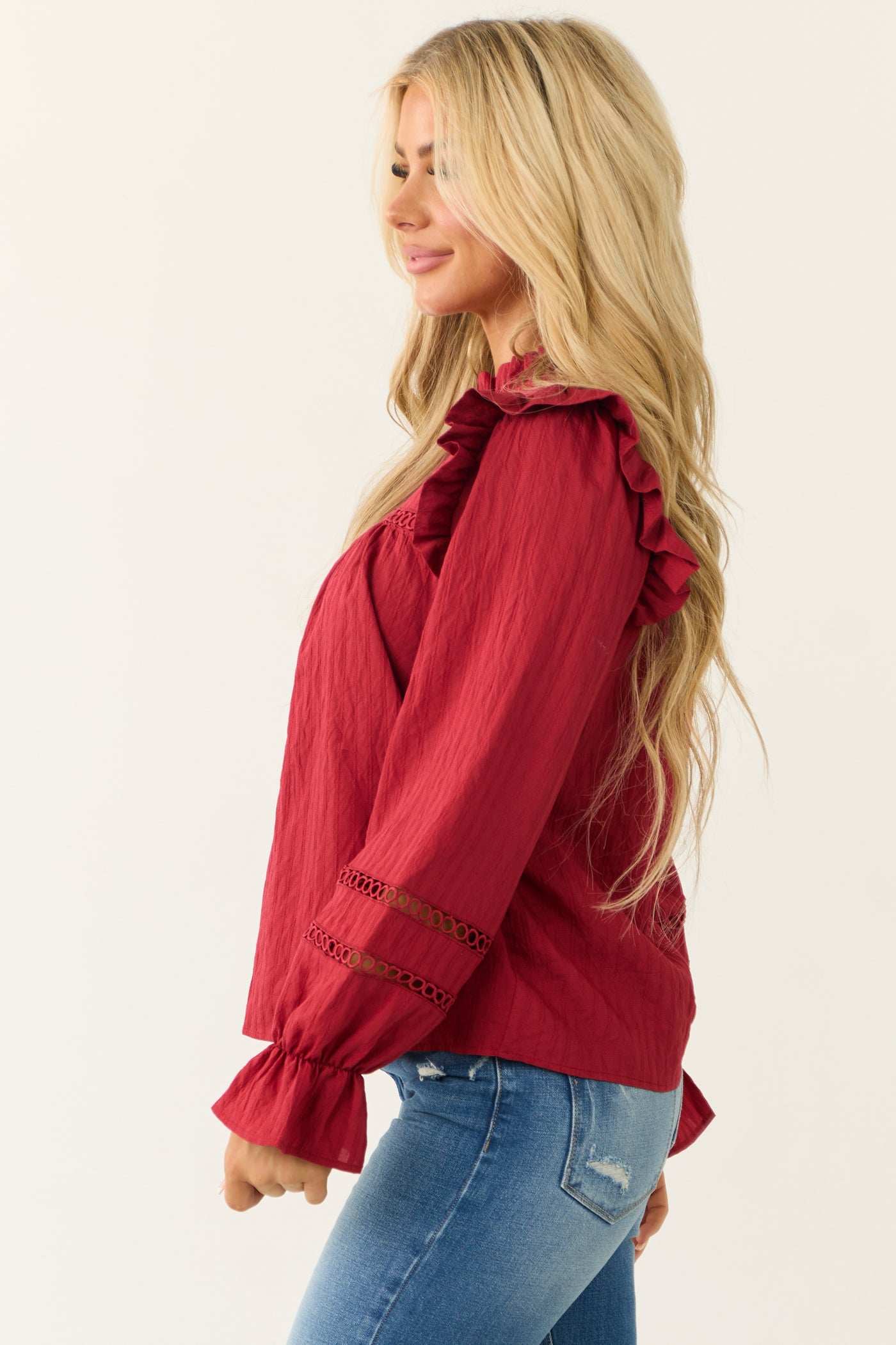 Candy Apple Red Frill Neck Long Sleeve Blouse