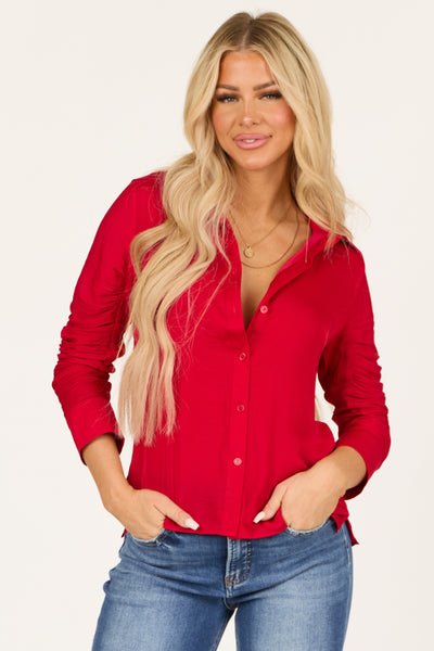 Candy Apple Red Ruched Long Sleeve Top