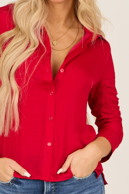 Candy Apple Red Ruched Long Sleeve Top