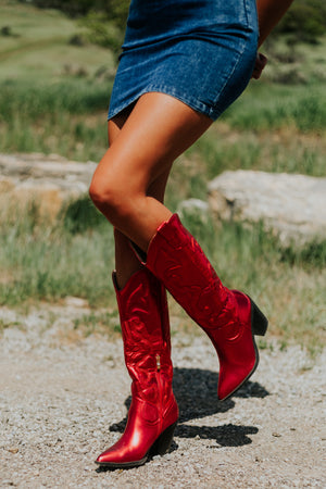 Candy Apple Red Faux Leather Metallic Western Boots