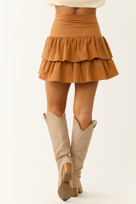 Caramel Corduroy Ruffle Layered Mini Skirt