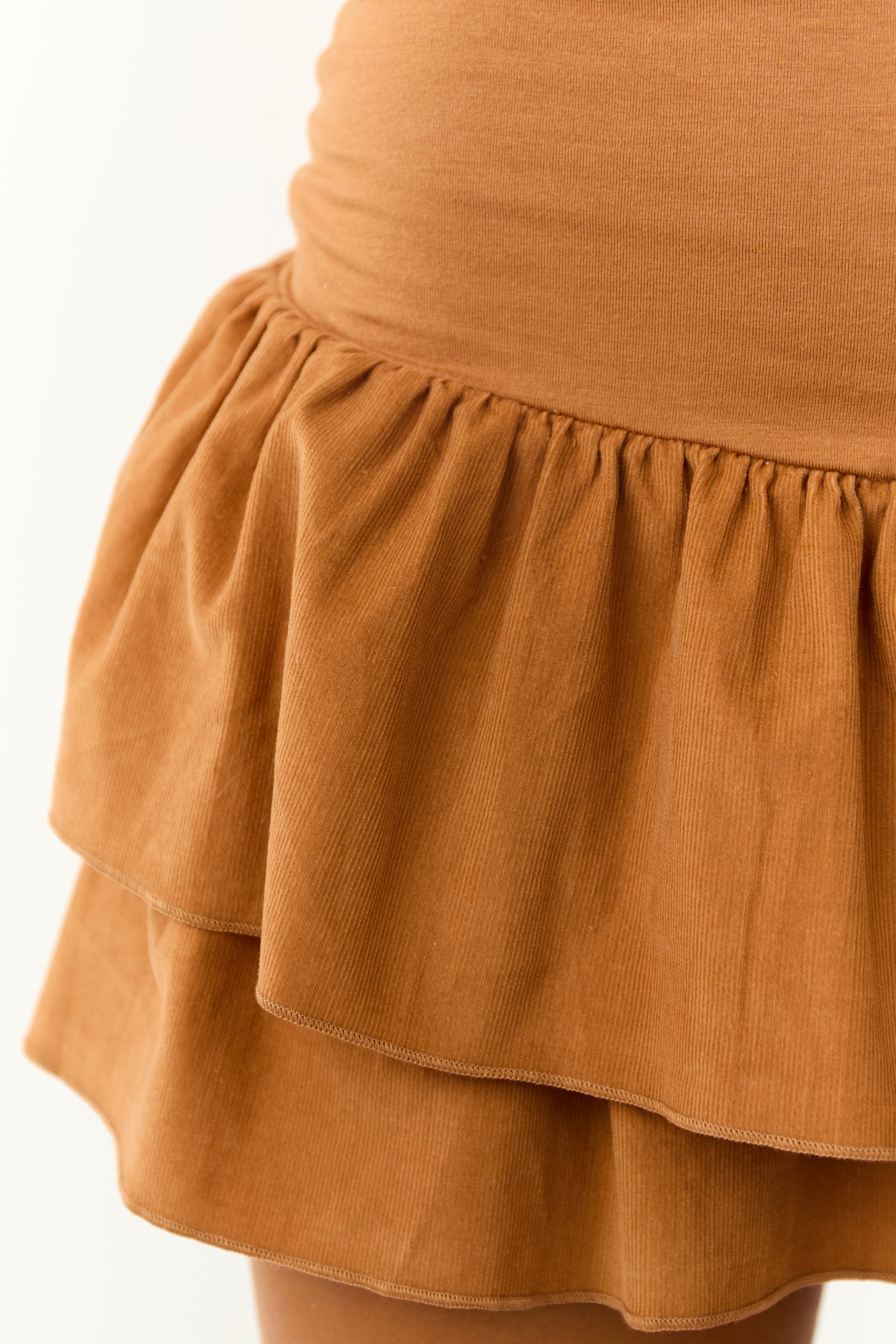 Caramel Corduroy Ruffle Layered Mini Skirt