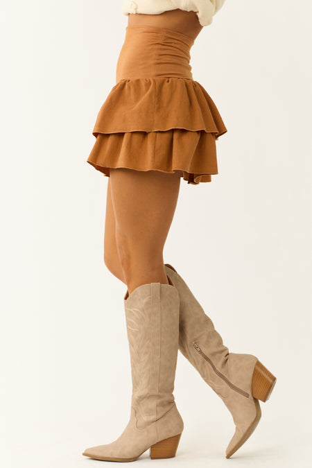 Caramel Corduroy Ruffle Layered Mini Skirt