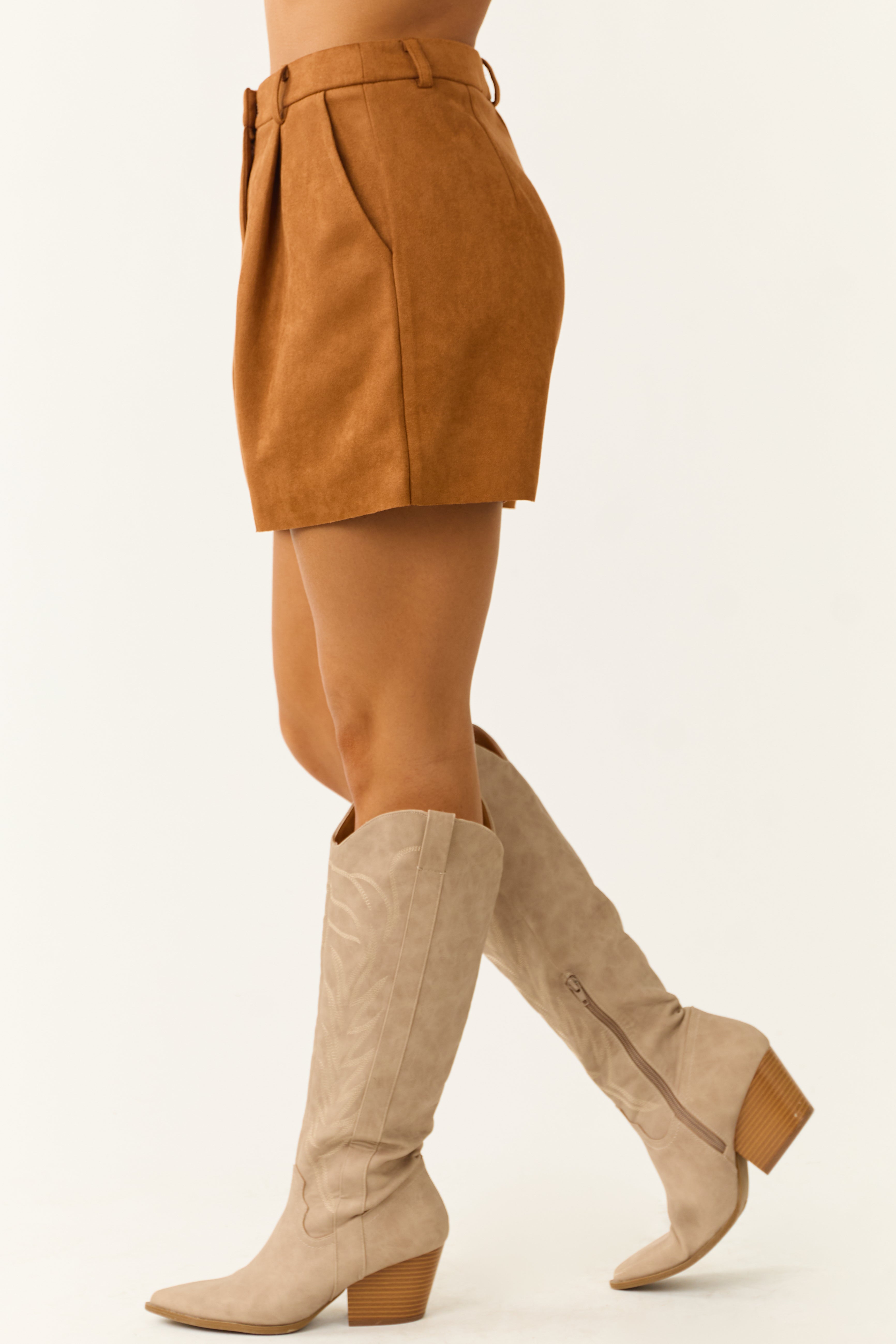 Caramel Faux Suede Raw Hem High Rise Shorts