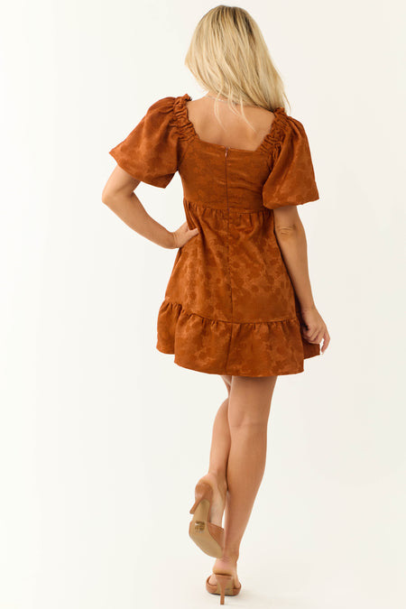 Caramel Floral Jacquard Puff Sleeve Mini Dress