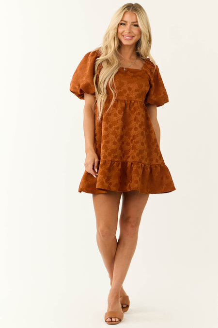 Caramel Floral Jacquard Puff Sleeve Mini Dress