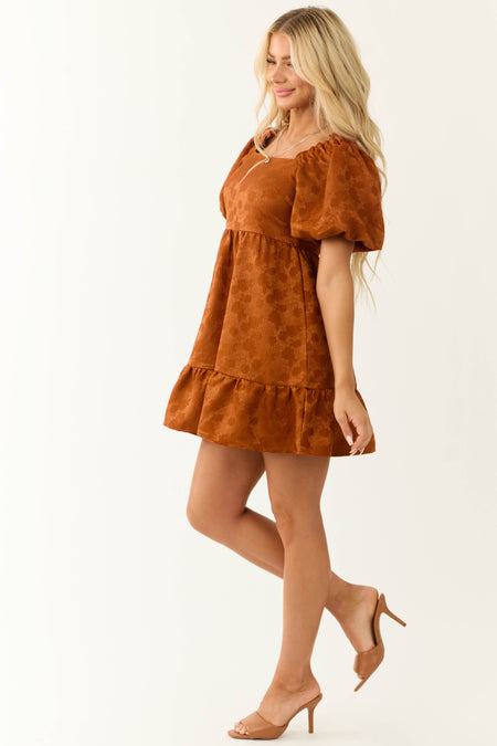 Caramel Floral Jacquard Puff Sleeve Mini Dress