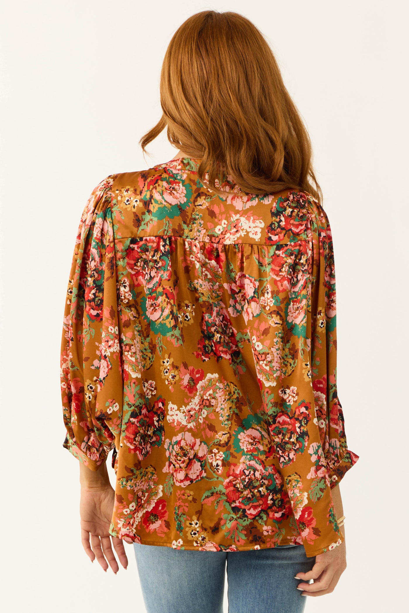 Caramel Floral Print 3/4 Dolman Sleeve Top