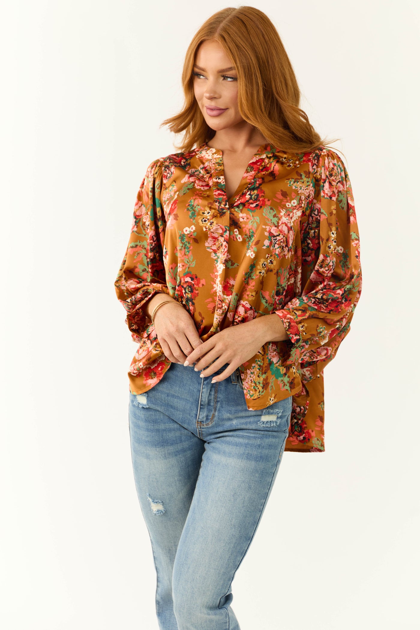 Caramel Floral Print 3/4 Dolman Sleeve Top