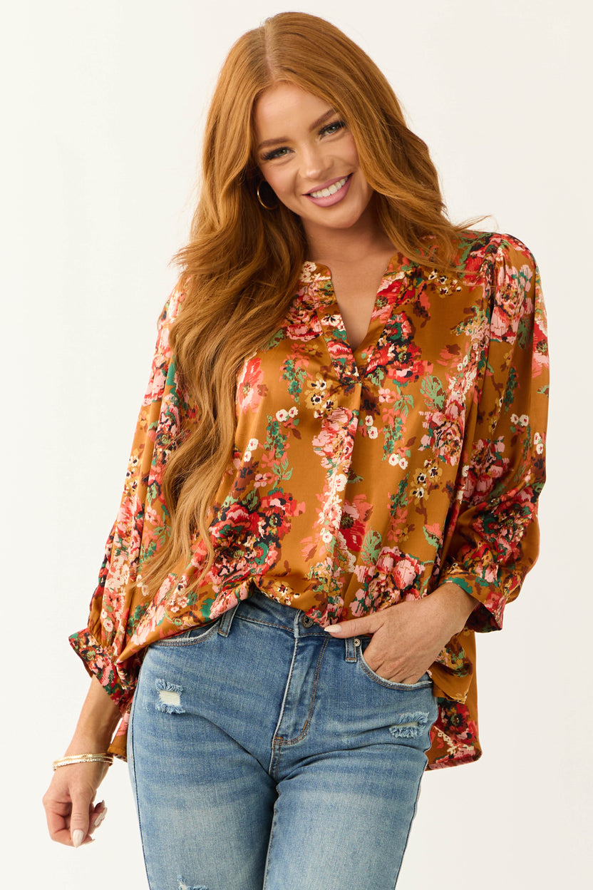 Caramel Floral Print 3/4 Dolman Sleeve Top