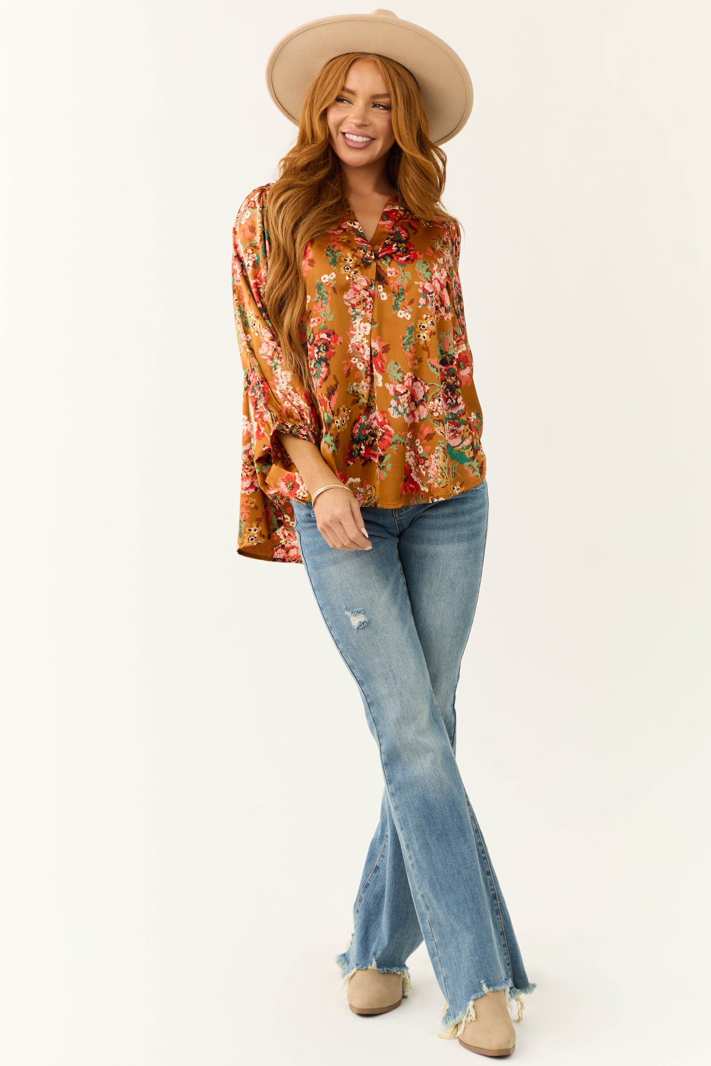 Caramel Floral Print 3/4 Dolman Sleeve Top