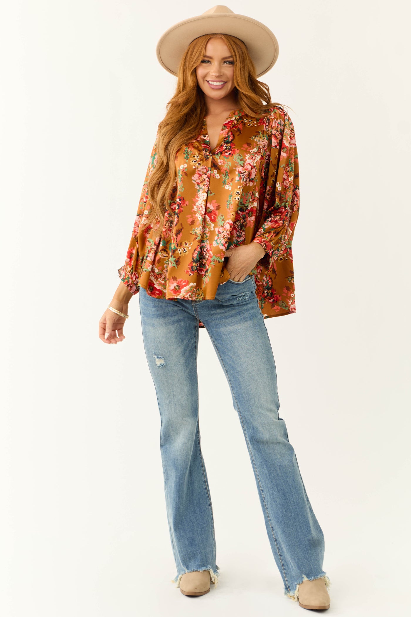 Caramel Floral Print 3/4 Dolman Sleeve Top