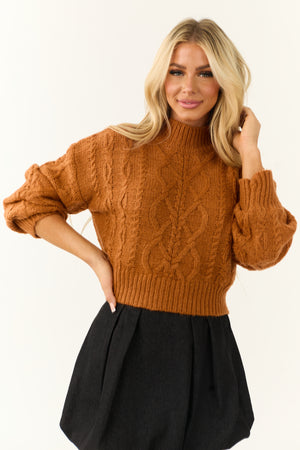 Caramel Mock Neck Cable Knit Sweater