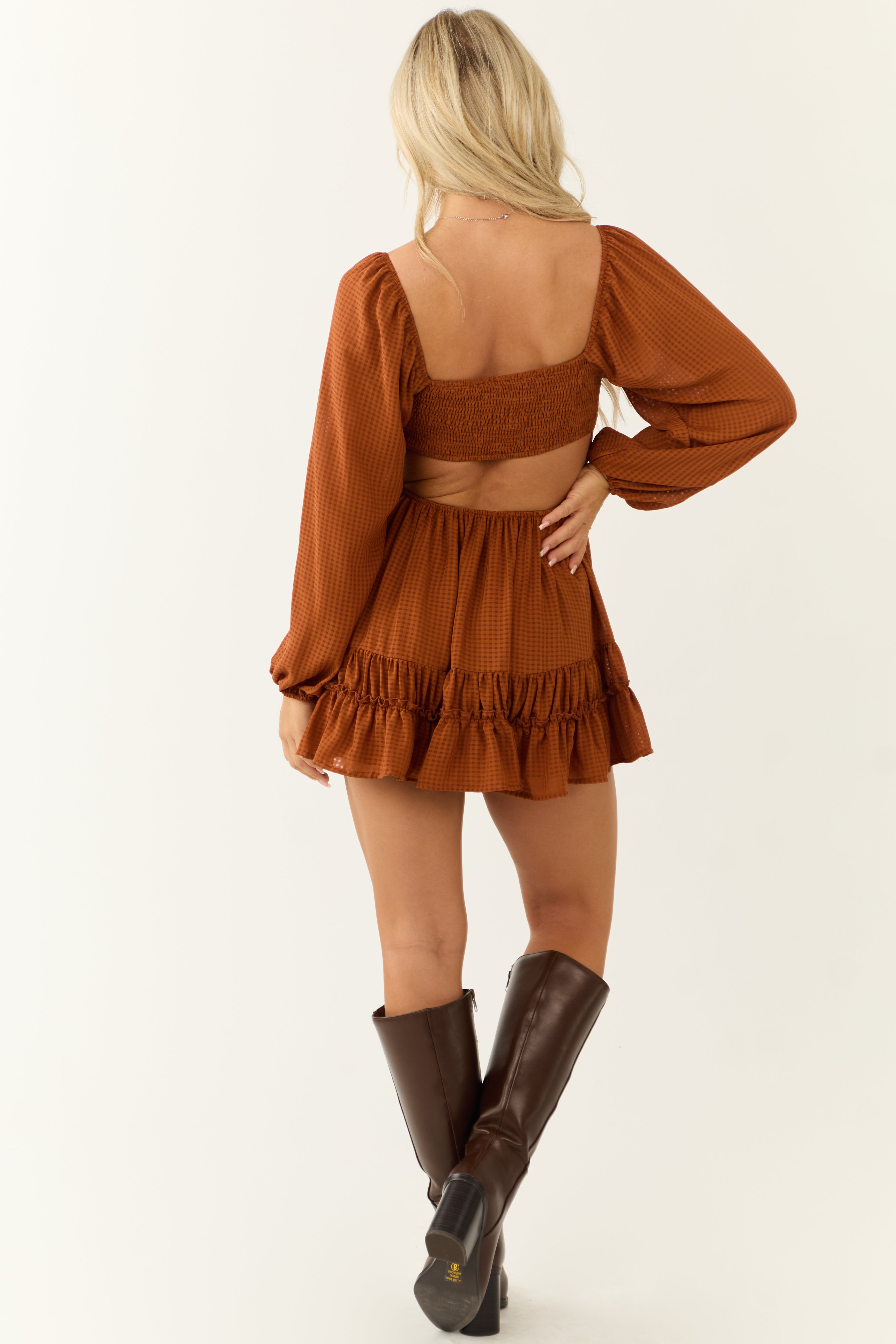 Caramel Puff Sleeve Square Neck Mini Dress