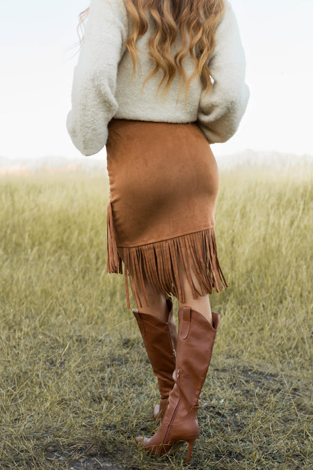 Caramel Soft Suede Fringe Skirt with Studs