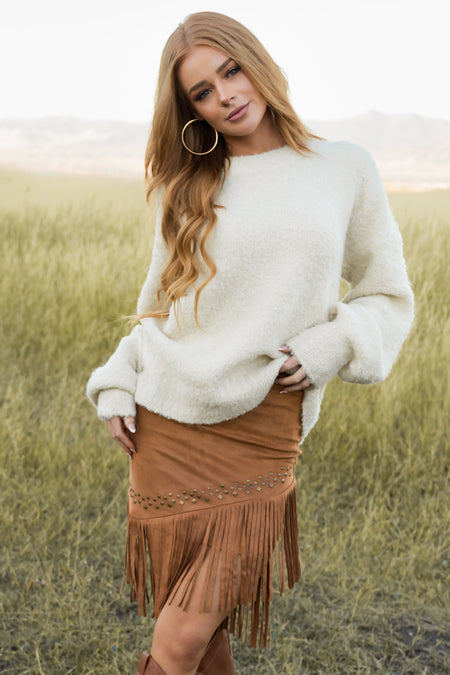 Caramel Soft Suede Fringe Skirt with Studs