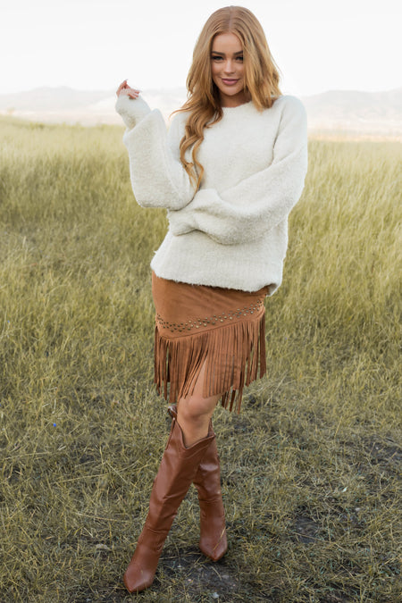 Caramel Soft Suede Fringe Skirt with Studs