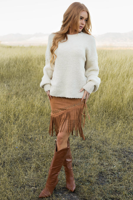 Caramel Soft Suede Fringe Skirt with Studs