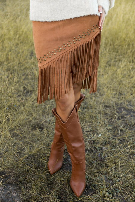 Caramel Soft Suede Fringe Skirt with Studs