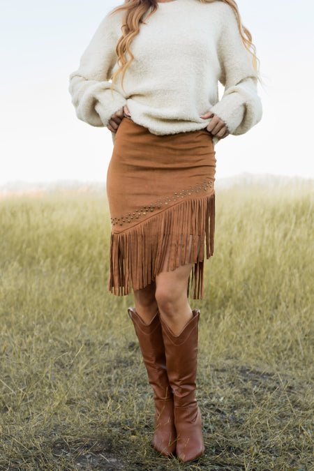 Caramel Soft Suede Fringe Skirt with Studs