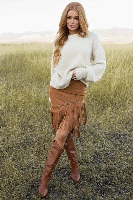 Caramel Soft Suede Fringe Skirt with Studs