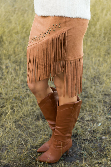 Caramel Soft Suede Fringe Skirt with Studs