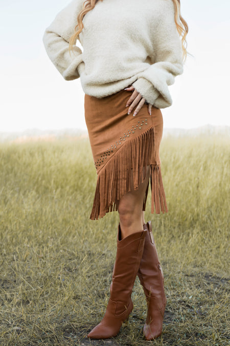 Caramel Soft Suede Fringe Skirt with Studs