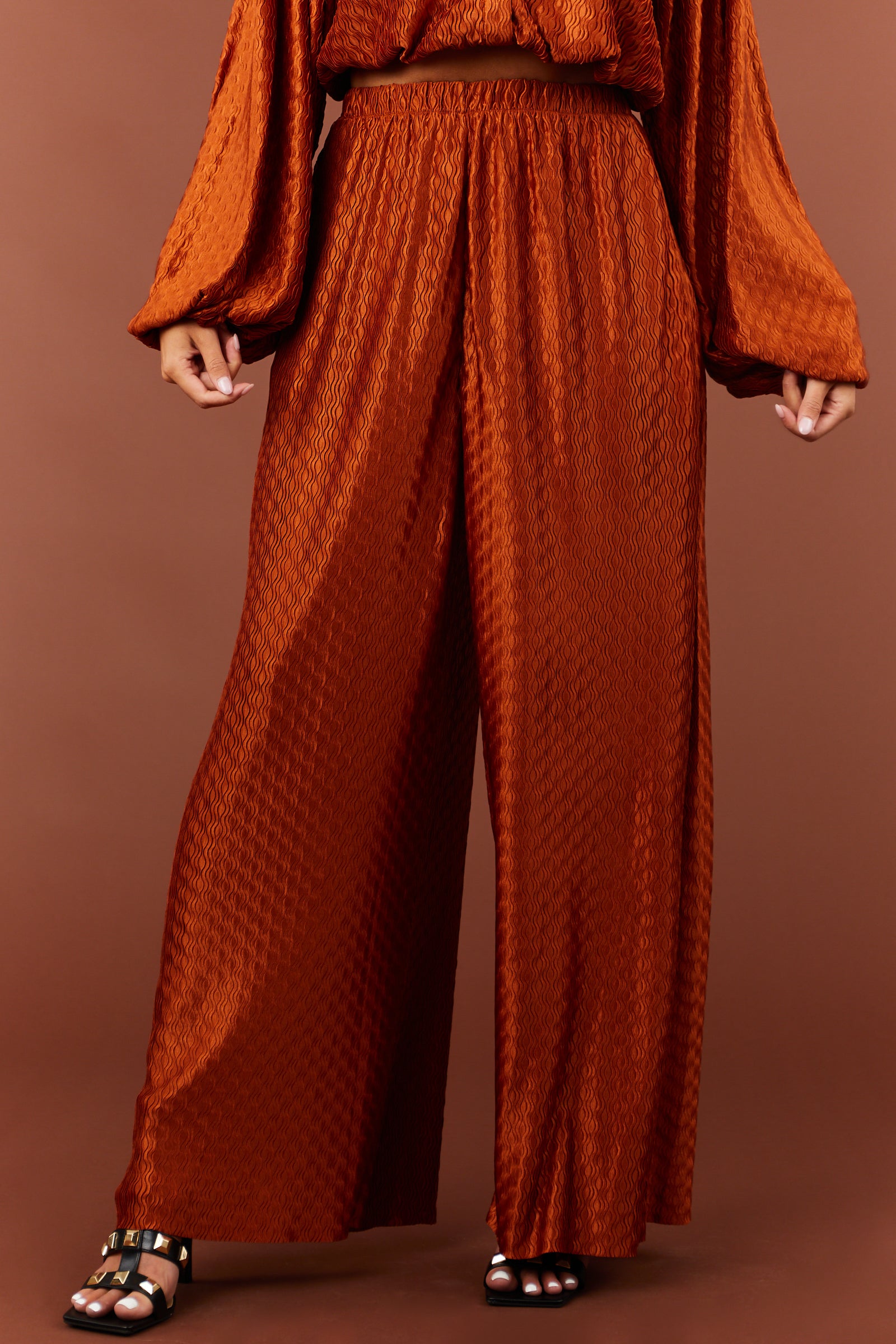 Caramel Wavy Texture Wide Leg Satin Pants