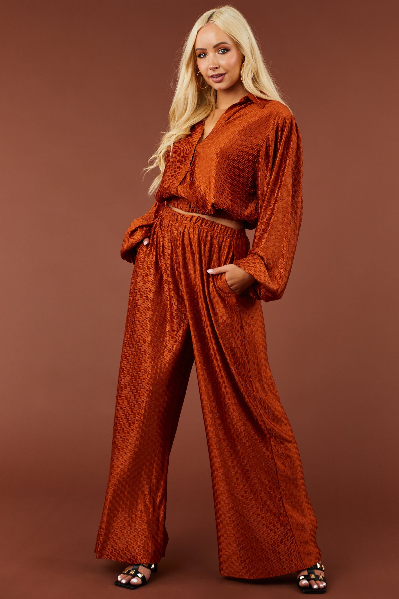 Caramel Wavy Texture Wide Leg Satin Pants