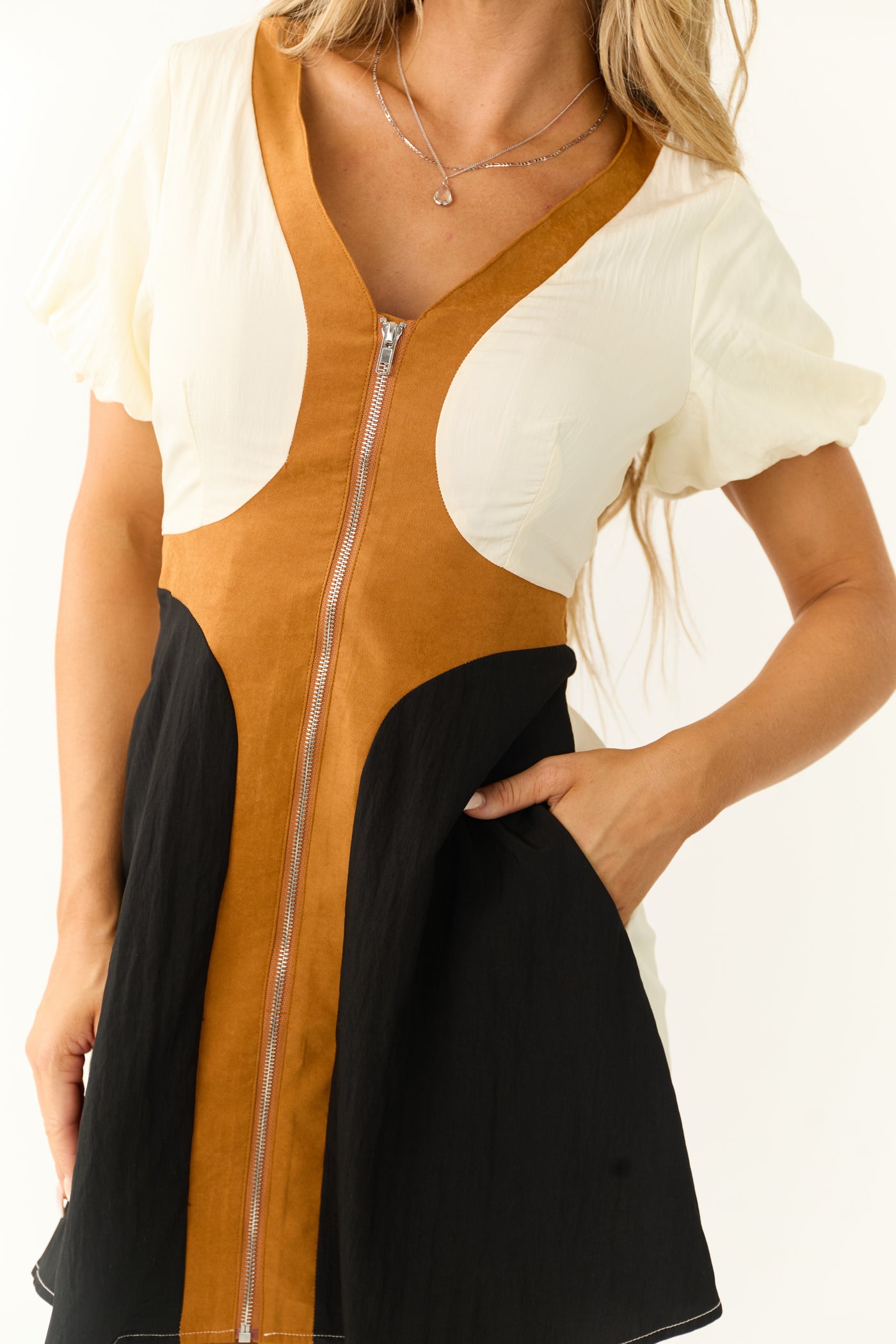 Caramel Zip Up Colorblock Short Dress