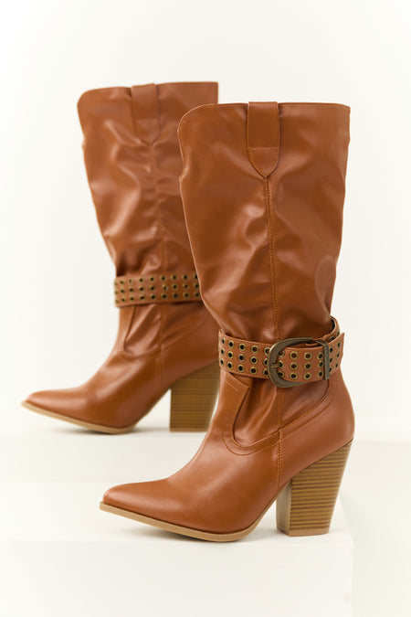 Caramel Buckled Strap Heeled Boots