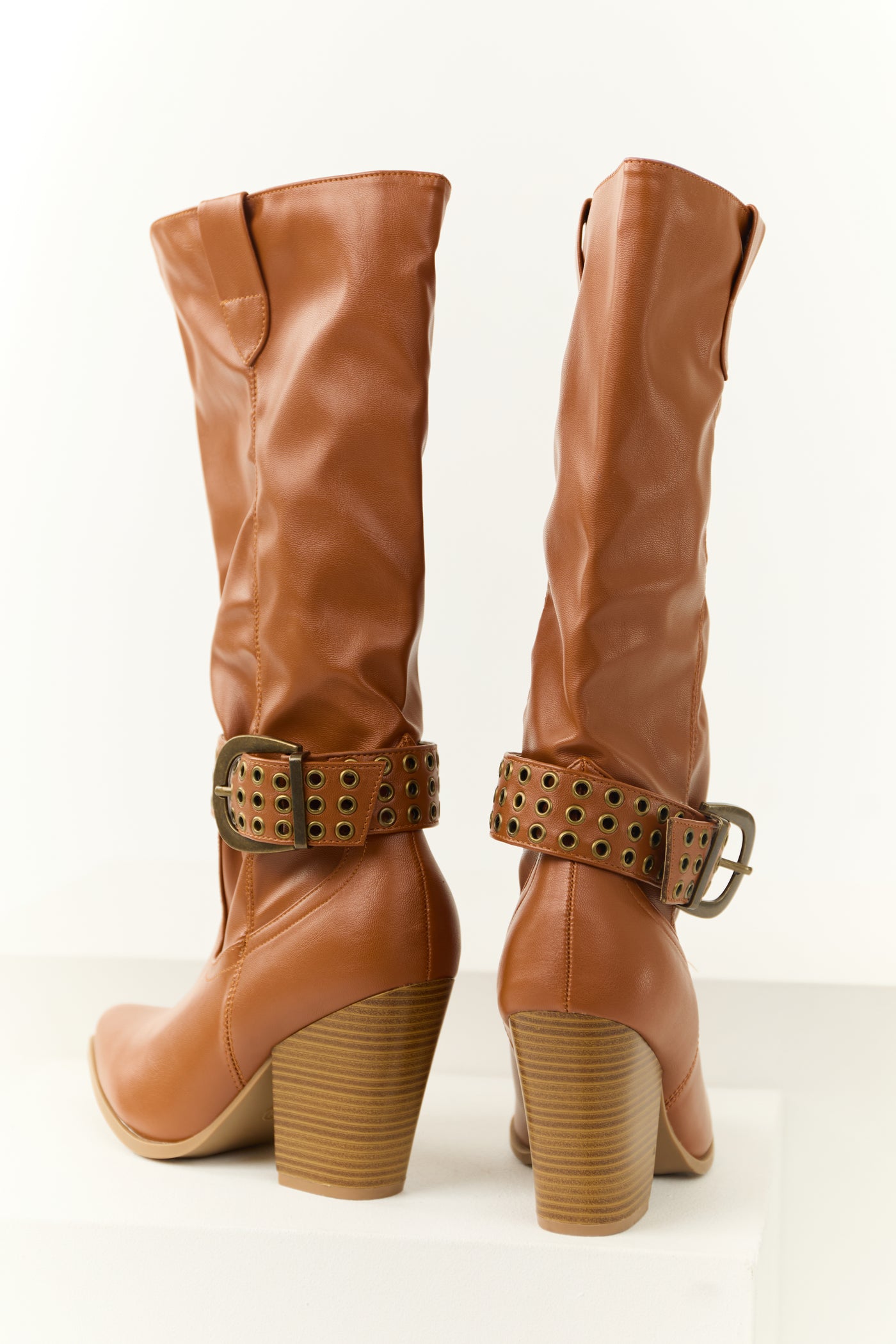 Caramel Buckled Strap Heeled Boots