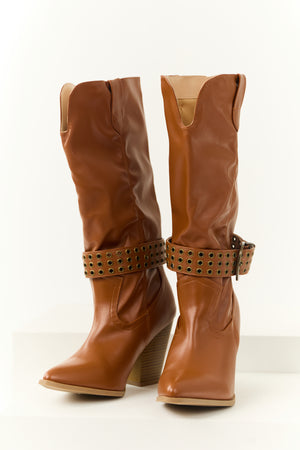 Caramel Buckled Strap Heeled Boots