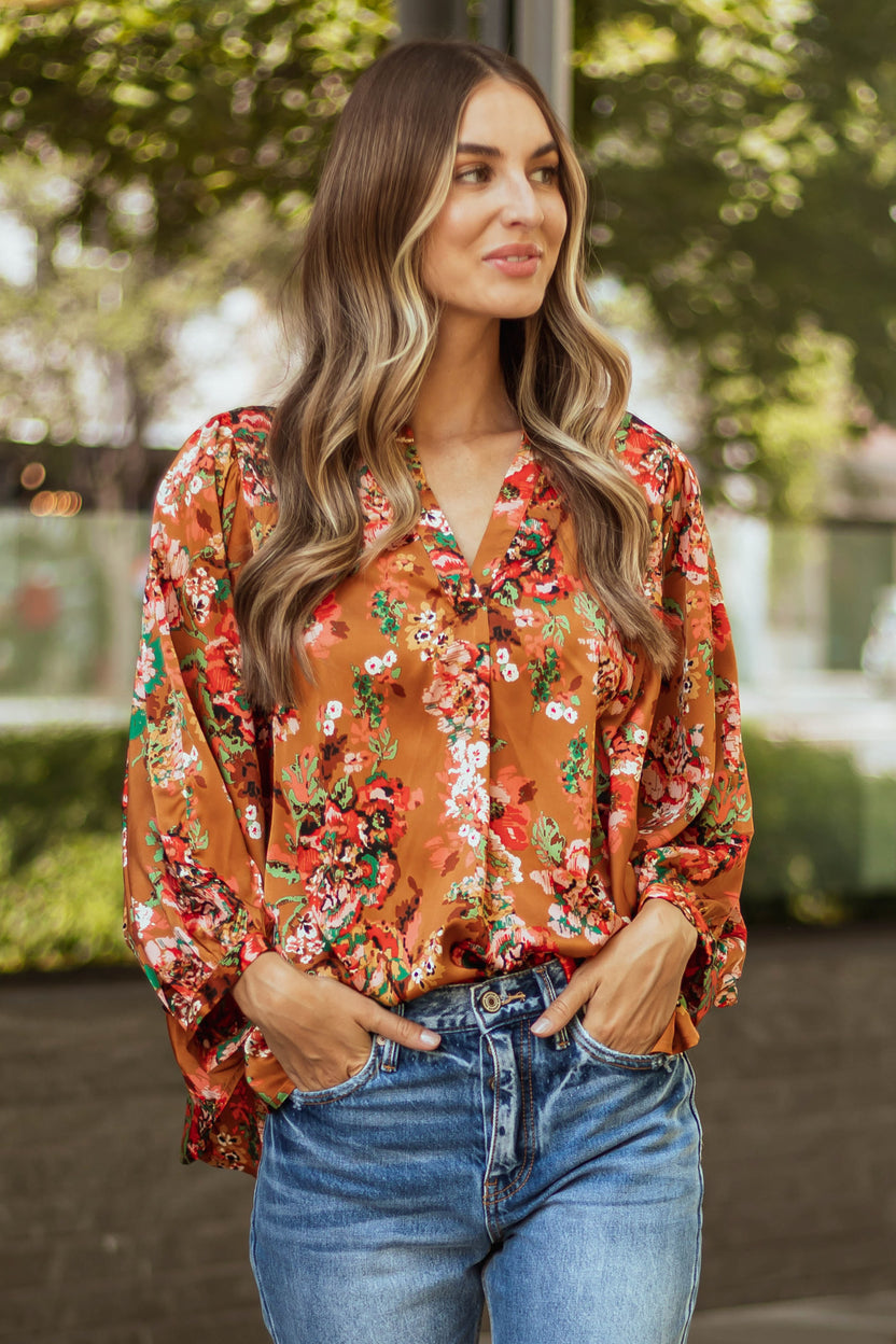 Caramel Floral Print 3/4 Dolman Sleeve Top